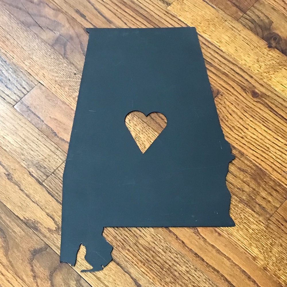 Black Metal Outline of the State of Alabama 
Heart Cutout
Farmhouse Decor Accent